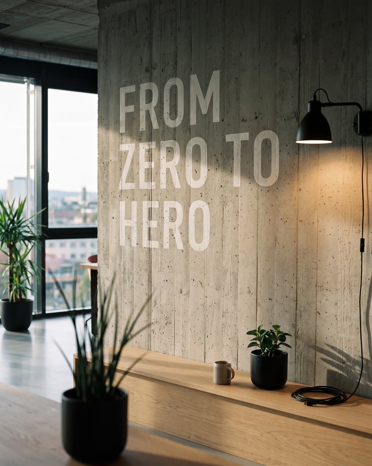 Nápis FROM ZERO TO HERO na betónovej stene kancelárie nad drevenou lavicou